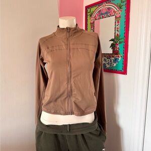 Women’s Slim Fit Brown Sports Zip-Up Jacket with Thumb Holes